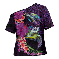 Hawaiian Plumeria and Hibiscus with Turtles Cross Shoulder Shirt Polynesian Art Purple Color LT03 - Polynesian Pride