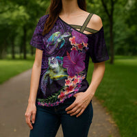 Hawaiian Plumeria and Hibiscus with Turtles Cross Shoulder Shirt Polynesian Art Purple Color LT03 - Polynesian Pride
