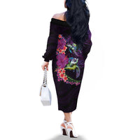 Hawaiian Plumeria and Hibiscus with Turtles Family Matching Off The Shoulder Long Sleeve Dress and Hawaiian Shirt Polynesian Art Purple Color LT03 - Polynesian Pride