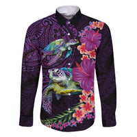 Hawaiian Plumeria and Hibiscus with Turtles Family Matching Off Shoulder Maxi Dress and Hawaiian Shirt Polynesian Art Purple Color LT03 Dad's Shirt - Long Sleeve Purple - Polynesian Pride