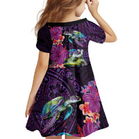 Hawaiian Plumeria and Hibiscus with Turtles Family Matching Short Sleeve Bodycon Dress and Hawaiian Shirt Polynesian Art Purple Color LT03 - Polynesian Pride