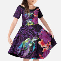 Hawaiian Plumeria and Hibiscus with Turtles Family Matching Summer Maxi Dress and Hawaiian Shirt Polynesian Art Purple Color LT03 Daughter's Dress Purple - Polynesian Pride