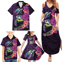 Hawaiian Plumeria and Hibiscus with Turtles Family Matching Summer Maxi Dress and Hawaiian Shirt Polynesian Art Purple Color LT03 - Polynesian Pride