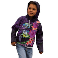 Hawaiian Plumeria and Hibiscus with Turtles Kid Hoodie Polynesian Art Purple Color - Polynesian Pride