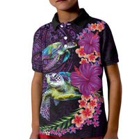 Hawaiian Plumeria and Hibiscus with Turtles Kid Polo Shirt Polynesian Art Purple Color LT03 Kid Purple - Polynesian Pride