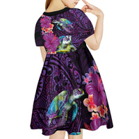 Hawaiian Plumeria and Hibiscus with Turtles Kid Short Sleeve Dress Polynesian Art Purple Color LT03 - Polynesian Pride