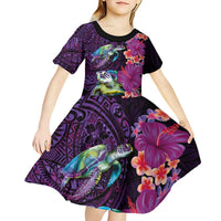 Hawaiian Plumeria and Hibiscus with Turtles Kid Short Sleeve Dress Polynesian Art Purple Color LT03 - Polynesian Pride