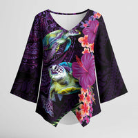 Hawaiian Plumeria and Hibiscus with Turtles Kimono Sleeve Blouse Polynesian Art Purple Color LT03 Female Purple - Polynesian Pride