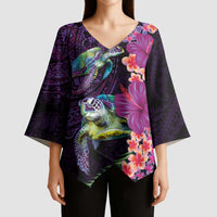 Hawaiian Plumeria and Hibiscus with Turtles Kimono Sleeve Blouse Polynesian Art Purple Color LT03 - Polynesian Pride