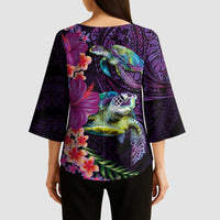 Hawaiian Plumeria and Hibiscus with Turtles Kimono Sleeve Blouse Polynesian Art Purple Color LT03 - Polynesian Pride