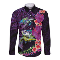 Hawaiian Plumeria and Hibiscus with Turtles Long Sleeve Button Shirt Polynesian Art Purple Color LT03 Unisex Purple - Polynesian Pride
