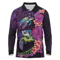Hawaiian Plumeria and Hibiscus with Turtles Long Sleeve Polo Shirt Polynesian Art Purple Color LT03 Purple - Polynesian Pride