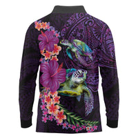 Hawaiian Plumeria and Hibiscus with Turtles Long Sleeve Polo Shirt Polynesian Art Purple Color LT03 - Polynesian Pride