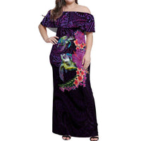 Hawaiian Plumeria and Hibiscus with Turtles Off Shoulder Maxi Dress Polynesian Art Purple Color LT03 Women Purple - Polynesian Pride
