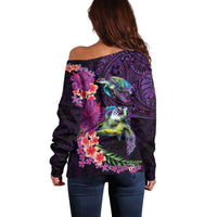 Hawaiian Plumeria and Hibiscus with Turtles Off Shoulder Sweater Polynesian Art Purple Color LT03 - Polynesian Pride