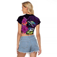 Hawaiian Plumeria and Hibiscus with Turtles Raglan Cropped T Shirt Polynesian Art Purple Color LT03 - Polynesian Pride