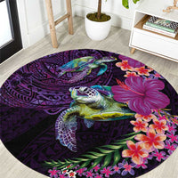 Hawaiian Plumeria and Hibiscus with Turtles Round Carpet Polynesian Art Purple Color LT03 Purple - Polynesian Pride