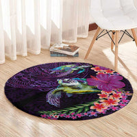 Hawaiian Plumeria and Hibiscus with Turtles Round Carpet Polynesian Art Purple Color LT03 - Polynesian Pride