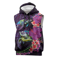 Hawaiian Plumeria and Hibiscus with Turtles Sleeveless Hoodie Polynesian Art Purple Color LT03 Purple - Polynesian Pride