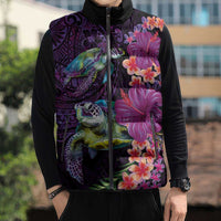 Hawaiian Plumeria and Hibiscus with Turtles Sleeveless Puffer Jacket Polynesian Art Purple Color LT03 - Polynesian Pride