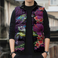 Hawaiian Plumeria and Hibiscus with Turtles Sleeveless Puffer Jacket Polynesian Art Purple Color LT03 - Polynesian Pride