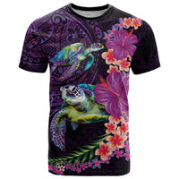 Hawaiian Plumeria and Hibiscus with Turtles T Shirt Polynesian Art Purple Color LT03 Purple - Polynesian Pride