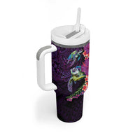 Hawaiian Plumeria and Hibiscus with Turtles Tumbler With Handle Polynesian Art Purple Color LT03 - Polynesian Pride