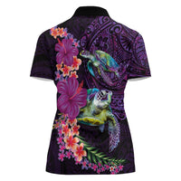 Hawaiian Plumeria and Hibiscus with Turtles Women Polo Shirt Polynesian Art Purple Color LT03 - Polynesian Pride