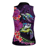Hawaiian Plumeria and Hibiscus with Turtles Women Sleeveless Polo Shirt Polynesian Art Purple Color LT03 - Polynesian Pride
