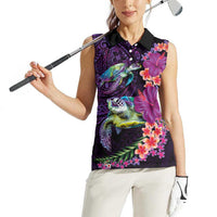 Hawaiian Plumeria and Hibiscus with Turtles Women Sleeveless Polo Shirt Polynesian Art Purple Color LT03 - Polynesian Pride