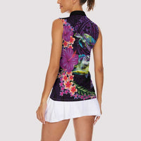 Hawaiian Plumeria and Hibiscus with Turtles Women Sleeveless Polo Shirt Polynesian Art Purple Color LT03 - Polynesian Pride
