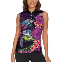 Hawaiian Plumeria and Hibiscus with Turtles Women Sleeveless Polo Shirt Polynesian Art Purple Color LT03 - Polynesian Pride