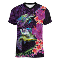 Hawaiian Plumeria and Hibiscus with Turtles Women V-Neck T-Shirt Polynesian Art Purple Color LT03 Female Purple - Polynesian Pride