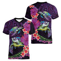 Hawaiian Plumeria and Hibiscus with Turtles Women V-Neck T-Shirt Polynesian Art Purple Color LT03 - Polynesian Pride