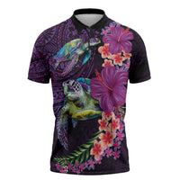 Hawaiian Plumeria and Hibiscus with Turtles Zipper Polo Shirt Polynesian Art Purple Color LT03 Purple - Polynesian Pride