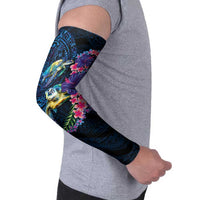 Hawaiian Plumeria and Hibiscus with Turtles Arm Sleeves Polynesian Art Dark Cyan Color LT03 - Polynesian Pride