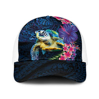 Hawaiian Plumeria and Hibiscus with Turtles Baseball Net Cap Polynesian Art Dark Cyan Color - Polynesian Pride
