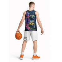 Hawaiian Plumeria and Hibiscus with Turtles Basketball Jersey Polynesian Art Dark Cyan Color LT03 - Polynesian Pride