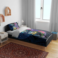 Hawaiian Plumeria and Hibiscus with Turtles Bedding Set Polynesian Art Dark Cyan Color - Polynesian Pride