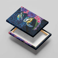 Hawaiian Plumeria and Hibiscus with Turtles Canvas Wall Art Polynesian Art Dark Cyan Color LT03 - Polynesian Pride