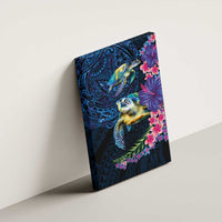 Hawaiian Plumeria and Hibiscus with Turtles Canvas Wall Art Polynesian Art Dark Cyan Color LT03 - Polynesian Pride