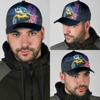 Hawaiian Plumeria and Hibiscus with Turtles Classic Cap Polynesian Art Dark Cyan Color - Polynesian Pride