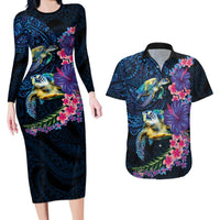 Hawaiian Plumeria and Hibiscus with Turtles Couples Matching Long Sleeve Bodycon Dress and Hawaiian Shirt Polynesian Art Dark Cyan Color LT03 Dark Cyan - Polynesian Pride