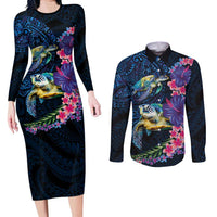 Hawaiian Plumeria and Hibiscus with Turtles Couples Matching Long Sleeve Bodycon Dress and Long Sleeve Button Shirt Polynesian Art Dark Cyan Color LT03 Dark Cyan - Polynesian Pride