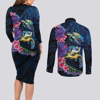 Hawaiian Plumeria and Hibiscus with Turtles Couples Matching Long Sleeve Bodycon Dress and Long Sleeve Button Shirt Polynesian Art Dark Cyan Color LT03 - Polynesian Pride