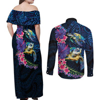 Hawaiian Plumeria and Hibiscus with Turtles Couples Matching Off Shoulder Maxi Dress and Long Sleeve Button Shirt Polynesian Art Dark Cyan Color LT03 - Polynesian Pride