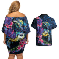 Hawaiian Plumeria and Hibiscus with Turtles Couples Matching Off Shoulder Short Dress and Hawaiian Shirt Polynesian Art Dark Cyan Color LT03 - Polynesian Pride