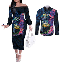 Hawaiian Plumeria and Hibiscus with Turtles Couples Matching Off The Shoulder Long Sleeve Dress and Long Sleeve Button Shirt Polynesian Art Dark Cyan Color LT03 Dark Cyan - Polynesian Pride
