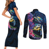 Hawaiian Plumeria and Hibiscus with Turtles Couples Matching Short Sleeve Bodycon Dress and Long Sleeve Button Shirt Polynesian Art Dark Cyan Color LT03 - Polynesian Pride