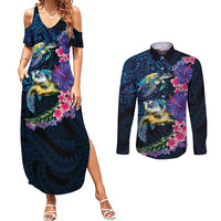 Hawaiian Plumeria and Hibiscus with Turtles Couples Matching Summer Maxi Dress and Long Sleeve Button Shirt Polynesian Art Dark Cyan Color LT03 Dark Cyan - Polynesian Pride